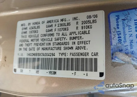 2007 Honda Accord 3.0 Ex z USA, uszkodzony, nr VIN 1HGCM665X7A004294
